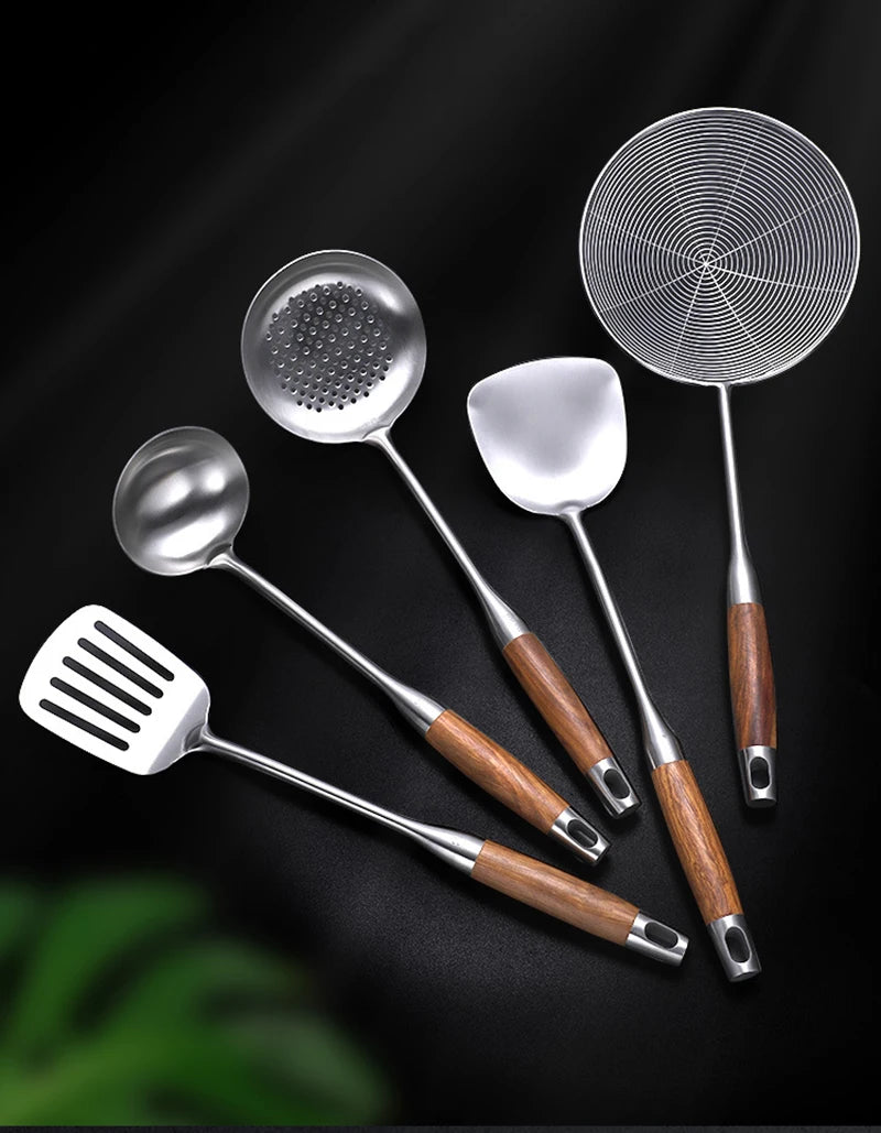 304 Stainless Steel Wood Handle Wide Fried Fish Spatulas Steak Shovel Fish Turner Slotted Beveled Kitchen Cooking Utensils