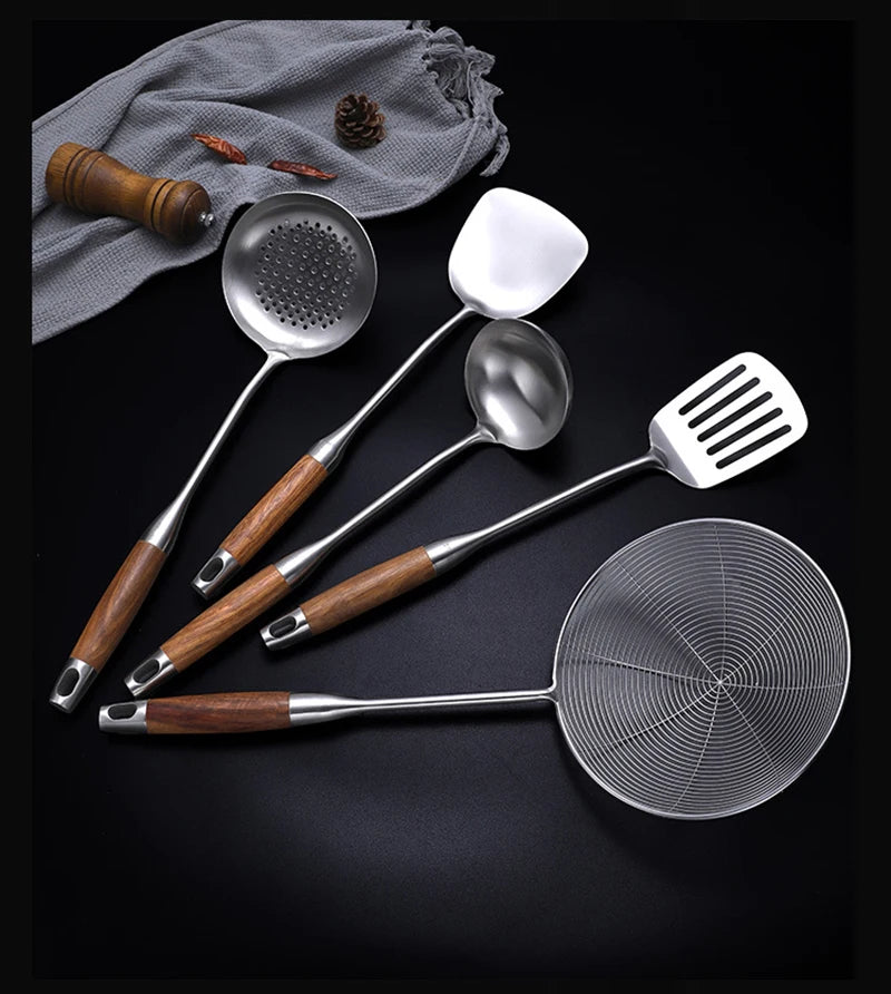 304 Stainless Steel Wood Handle Wide Fried Fish Spatulas Steak Shovel Fish Turner Slotted Beveled Kitchen Cooking Utensils