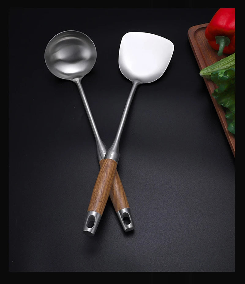 304 Stainless Steel Wood Handle Wide Fried Fish Spatulas Steak Shovel Fish Turner Slotted Beveled Kitchen Cooking Utensils
