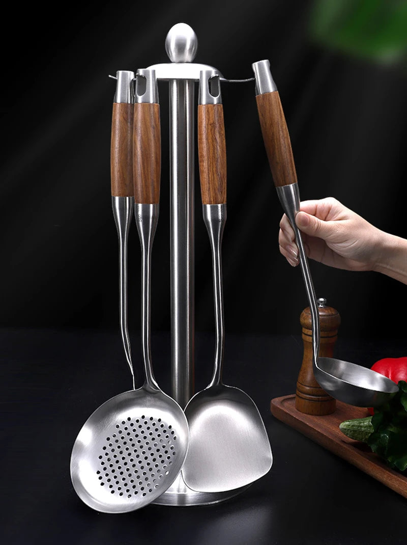 304 Stainless Steel Wood Handle Wide Fried Fish Spatulas Steak Shovel Fish Turner Slotted Beveled Kitchen Cooking Utensils