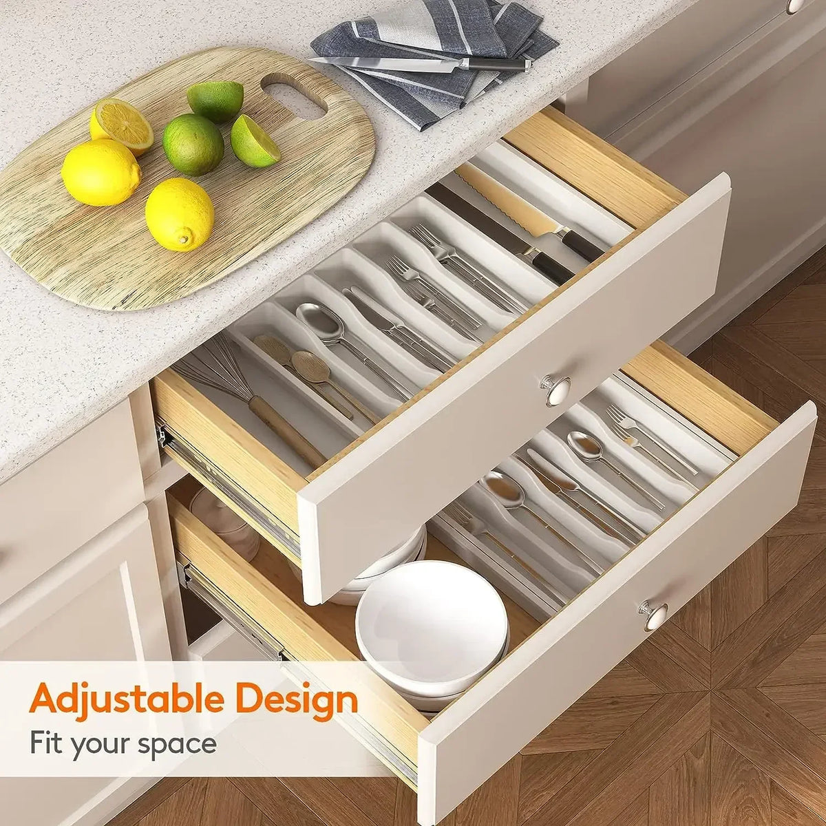 2026 Upgradation Adjustable Flatware Tableware Organizer – Plastic Multifunctional Drawer Organizer for Kitchen Counter Utensils