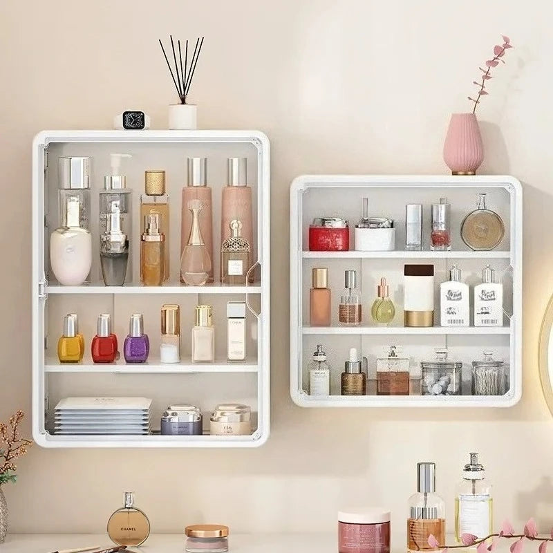 Multi-Layer No Drill Bathroom Organizer Transparent Cosmetic Display Cabinet with Removable Shelves