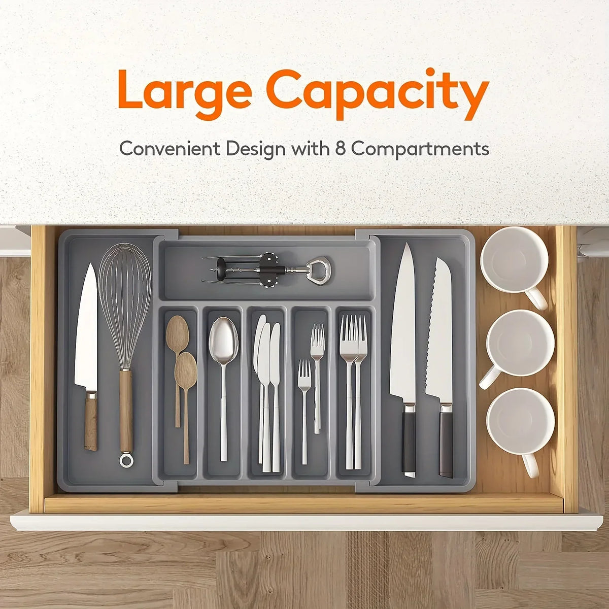 2026 Upgradation Adjustable Flatware Tableware Organizer – Plastic Multifunctional Drawer Organizer for Kitchen Counter Utensils