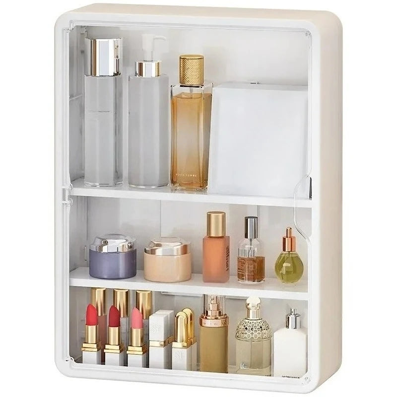 Multi-Layer No Drill Bathroom Organizer Transparent Cosmetic Display Cabinet with Removable Shelves
