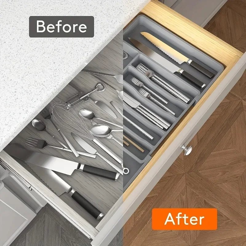 2026 Upgradation Adjustable Flatware Tableware Organizer – Plastic Multifunctional Drawer Organizer for Kitchen Counter Utensils