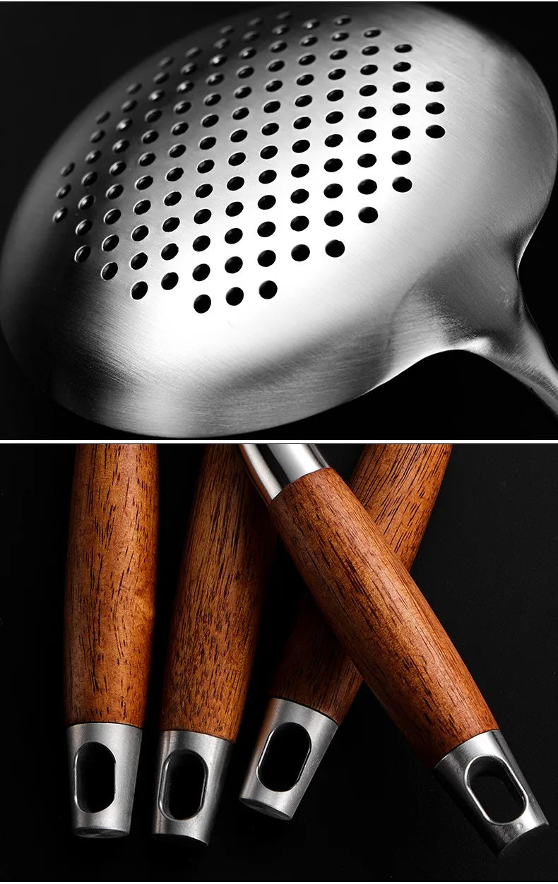 304 Stainless Steel Wood Handle Wide Fried Fish Spatulas Steak Shovel Fish Turner Slotted Beveled Kitchen Cooking Utensils